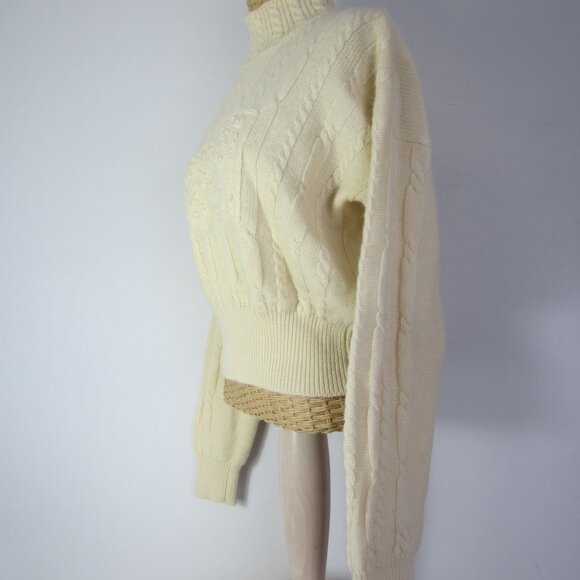 Vtg Orvis Women M Ivory LS Mock Neck Cable Knit 100% Wool Crop Pullover Sweater - Picture 8 of 15